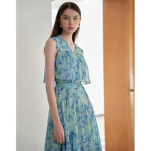 Load image into Gallery viewer, [DK SHOP] Emerald Blue Printing Belt Set Tiered Chiffon Dress

