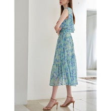 Load image into Gallery viewer, [DK SHOP] Emerald Blue Printing Belt Set Tiered Chiffon Dress
